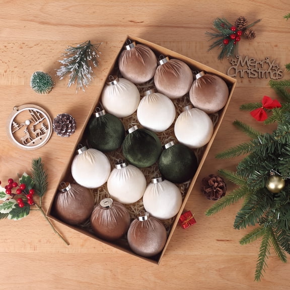 Flocked Christmas Ornaments, Velvet Ball Tree Decorations, 10-Piece Shatter-Resistant Holiday Set，Green, white, beige
