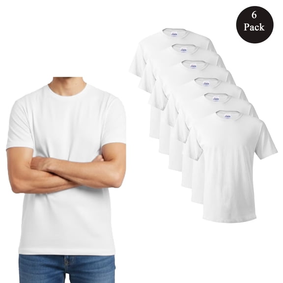 HANES Short Sleeve T-Shirt For Men - S Size | 100% Cotton 6 Pack White Color Crew Neck Tee
