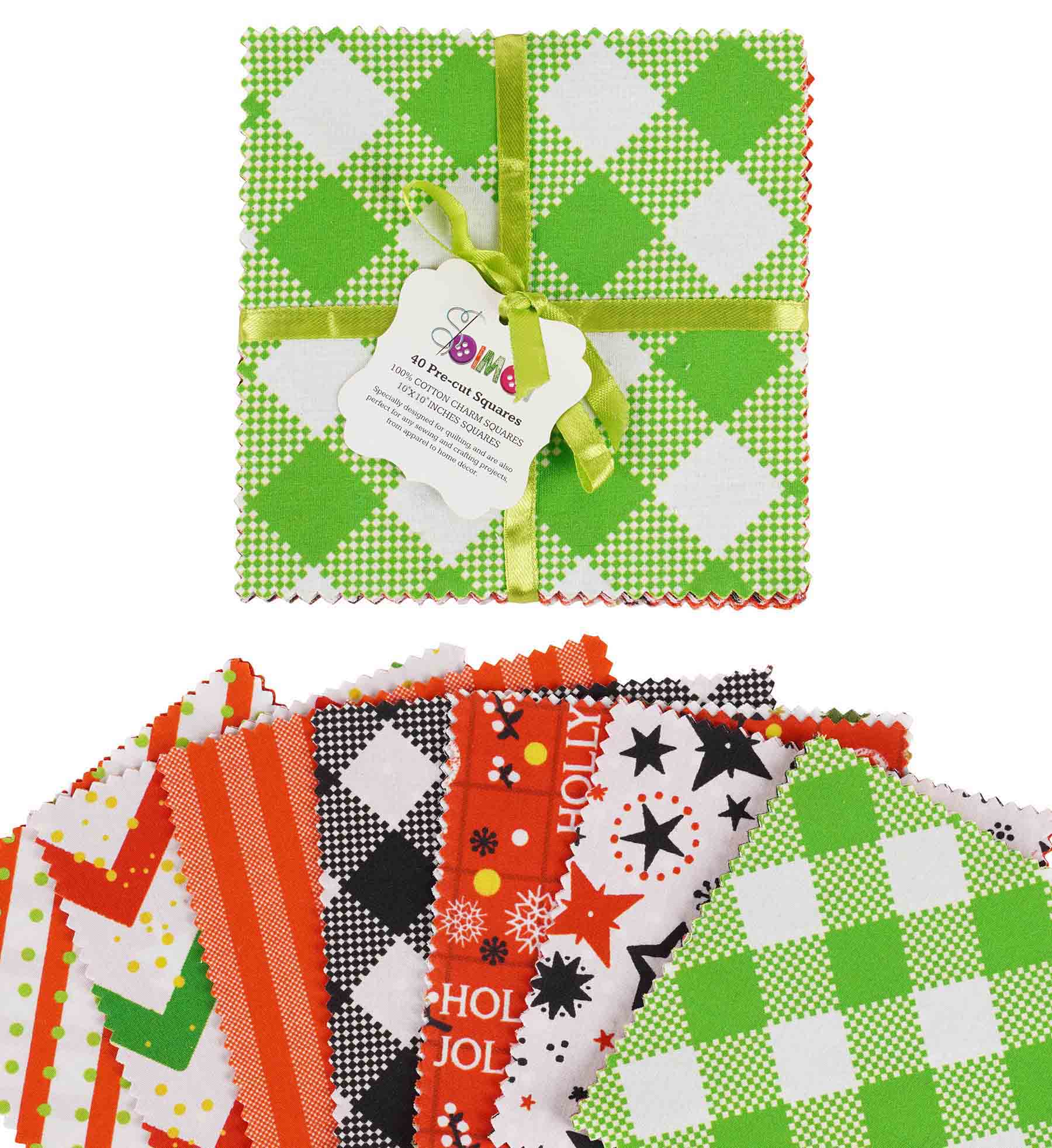 Soimoi Christmas Theme Print Precut 10-inch Cotton Fabric Quilting Squares Charm Pack DIY Patchwork Sewing Craft