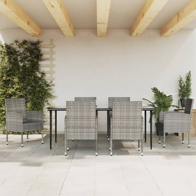vidaXL 7 Piece Garden Dining Set Grey and Black Poly Rattan and Steel