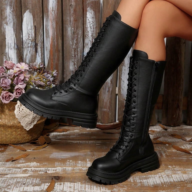Modisza Knee High Boots Women Fashion Lace up Platform Combat Boot