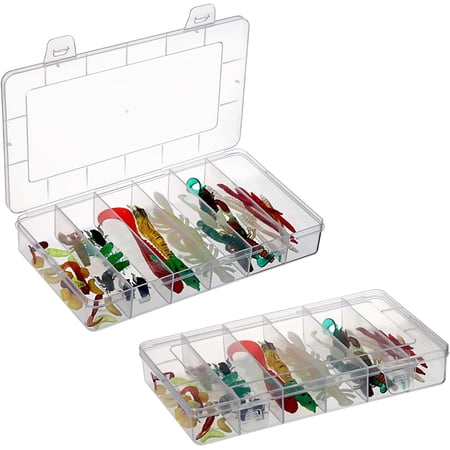 2Pack Plastic Small Fishing Tackle Box Organizer with 6 Compartments Clear Mini Fishing Tackle Storage Boxes with Dividers Transparent Fish Pocket Tackle Storage Box Lure Box