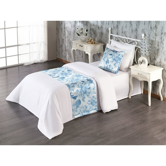 Chrysanthemum Bed Runner Set, Romantic Winter Colors Floral Drawings with Neutral Leaves Art, Decorative Bedding Scarf & a Pillow Sham for Hotels Homes, Twin, Pale Azure Blue Pale Blue, by Ambesonne