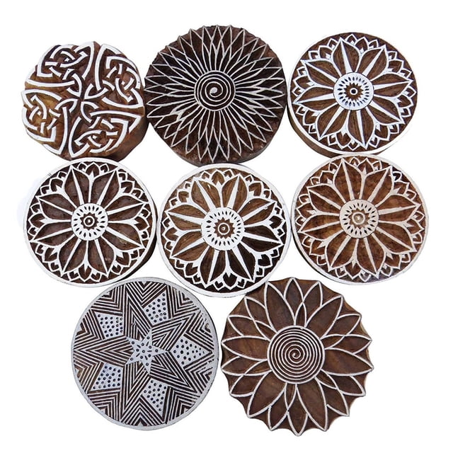 Lot de 8 Pcs de Timbres en Bois Floral Textile Sculpté à la Main Bloc Marron