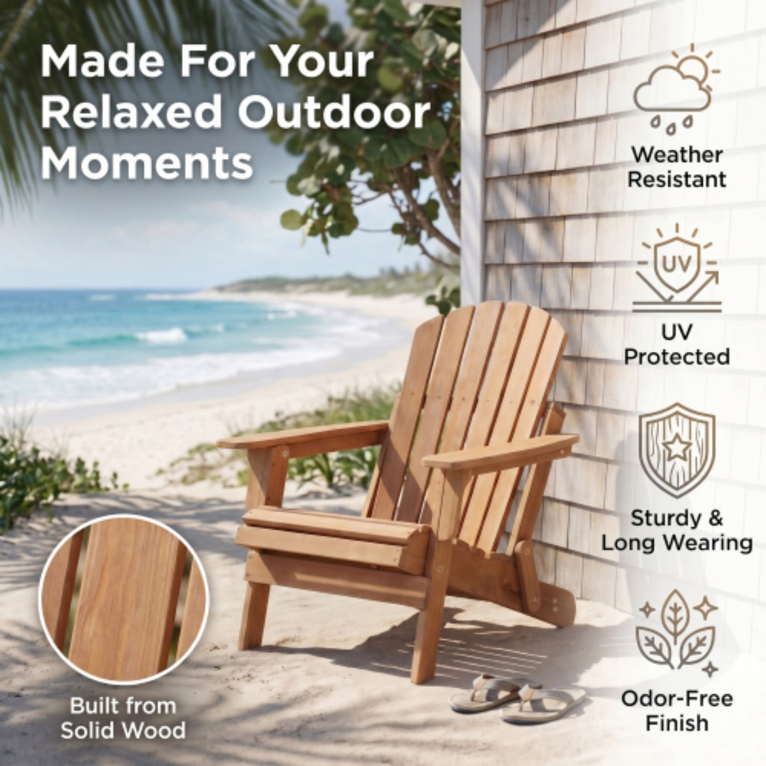 Oversized Adirondack Chair, Wooden Outdoor Folding Patio Chair with Pre-Assembled Backrest & Seat, 330 lb Capacity for Garden, Porch, Pool, Light Brown