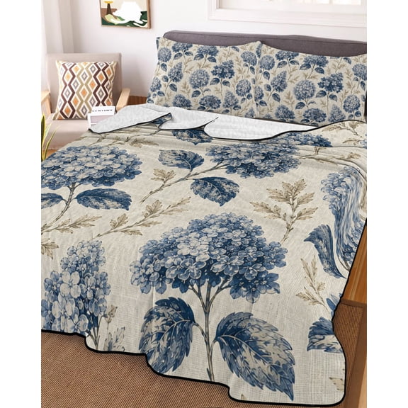 Twin Quilt Bedding Set, Watercolor Hydrangea Flower Lightweight Coverlet Summer Comforter Set Soft Microfiber Bedspread, Vintage Floral Leaves Beige 3 Piece Quilt Set with 2 Pillow Shams