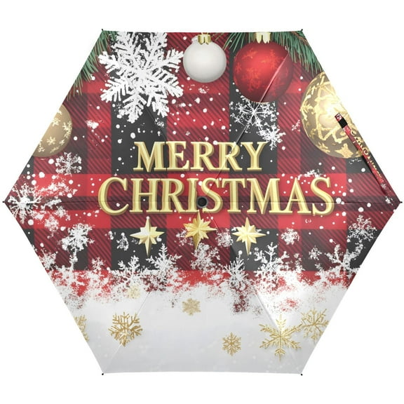 JSTEL Christmas Checked Decor Folding Umbrella for Rain Sun Travel Mini Lightweight Compact Umbrellas