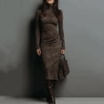 thumbnail image 6 of Women's Pleated Velvet Super Long Dress Long Sleeve High Neck Tight Long Dress Fashion Solid Color for Winter Elegance and Formal Events,Coffee,M, 6 of 6
