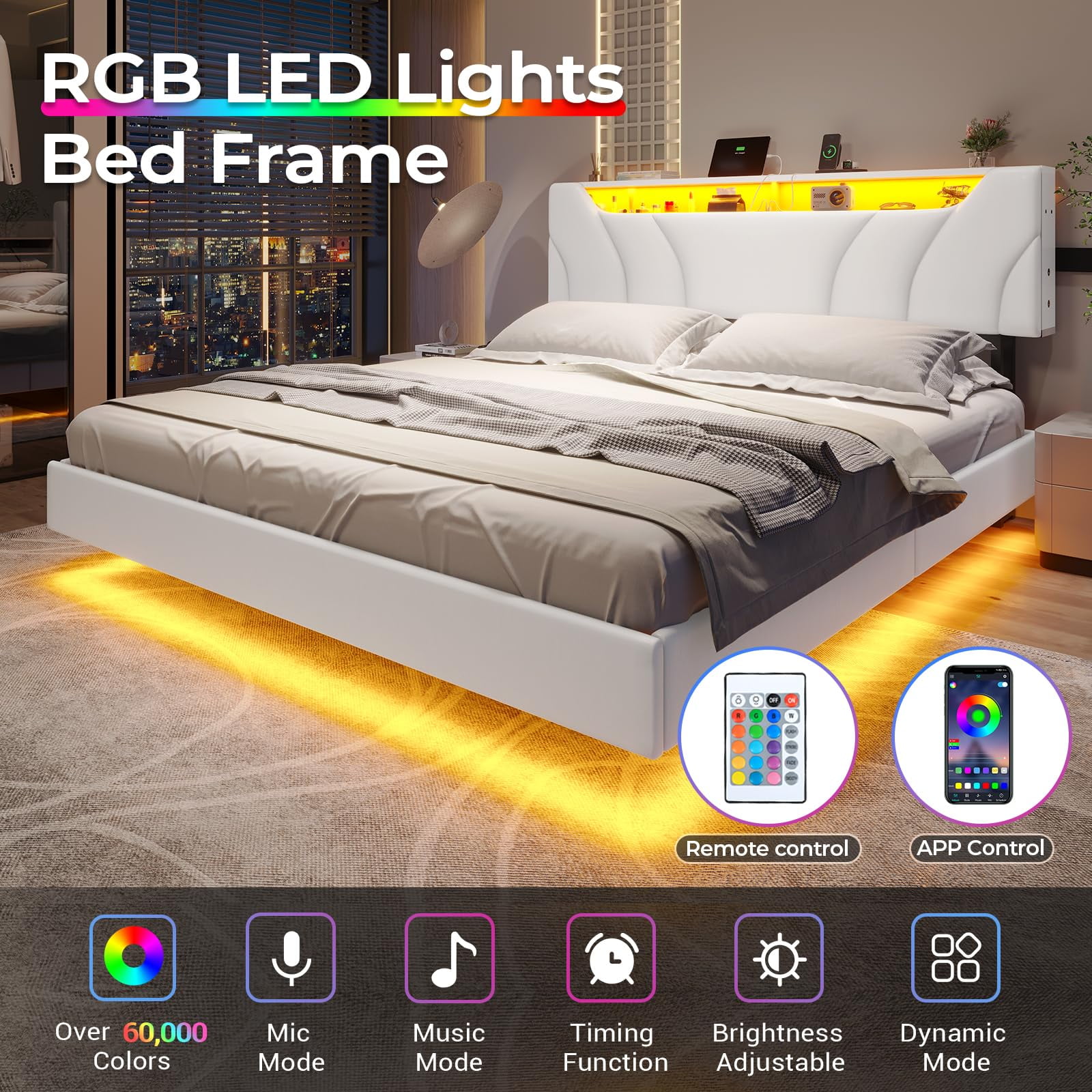 Weiplehoom Queen Size Floating Bed Frame With LED Lights, Charging ...