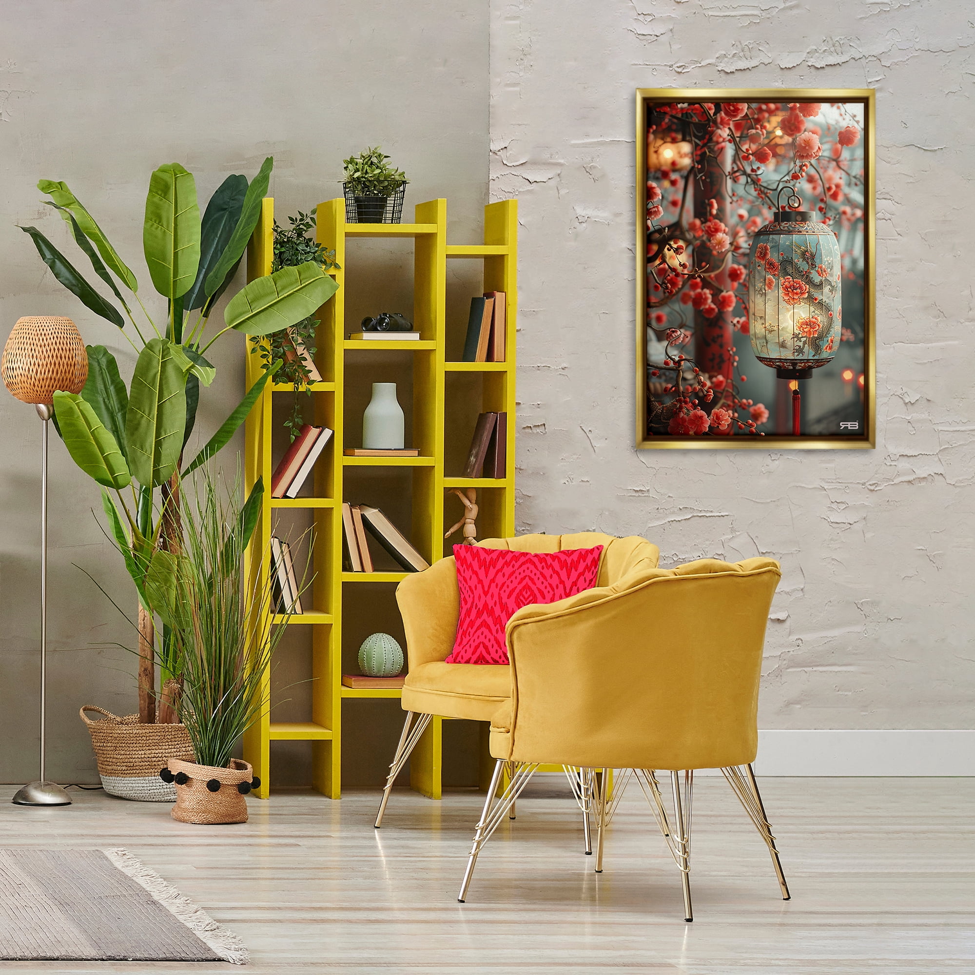 Stupell Industries Florals with Asian Motif Botanical & Floral Painting Gold Floater Framed Art Print Wall Art, 21 x 31