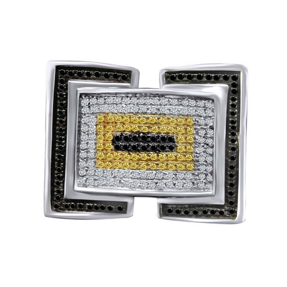 AFFY 0.65 Carat (Ctw) Round Black,Yellow & White Natural Diamond Men's Ring 14K Gold Over Sterling Silver
