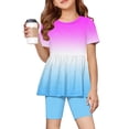 thumbnail image 2 of CCRFTGI Summer Outfits for Children Girls Size 7-8 Cute Preppy Two Piece Outfits Girl Clothes Casual Gradient Short Sleeve Ruffle Hem T Shirts Top and Biker Shorts Purple Pink 3-4 Years, 2 of 6