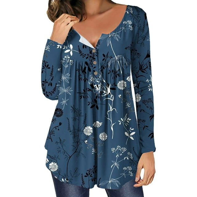 Hauts d'Été Mignons pour Femmes, Décontracté, Col Rond, Boutons, Manches Longues, Imprimé, T-Shirts en Solde