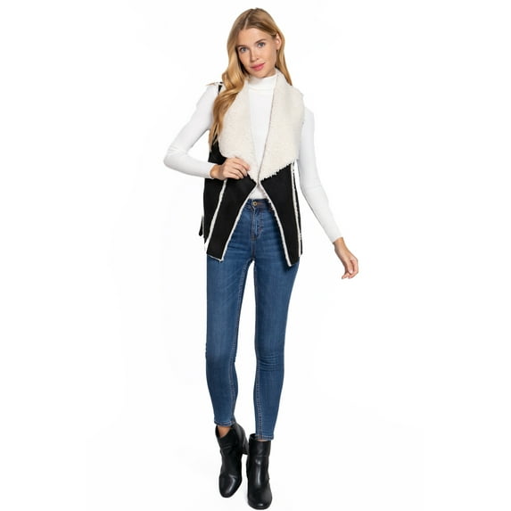 ShezPretty Women's Fleece Open Front Cardigan Sleeveless Faux Suede Jacket Vest (Large, BLACK )