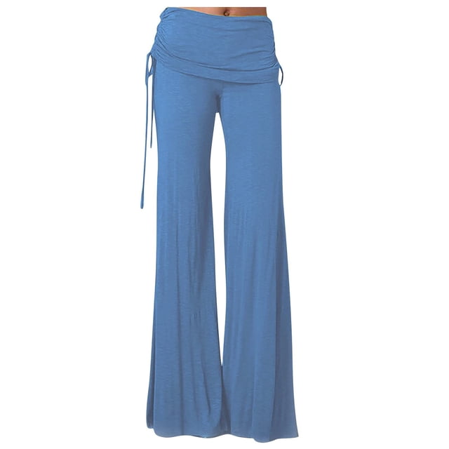 Timegard Plus Size Pants for Women Wide Leg Ruched Drawstring Flare Leggings Casual Comfy Trousers