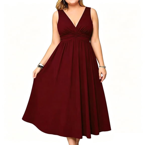 LIaqionyy Women's Plus Size Midi Dress Sleeveless Elegant V Neck Party Vacation Dresses Casual Summer Sundress S-XXXXXL