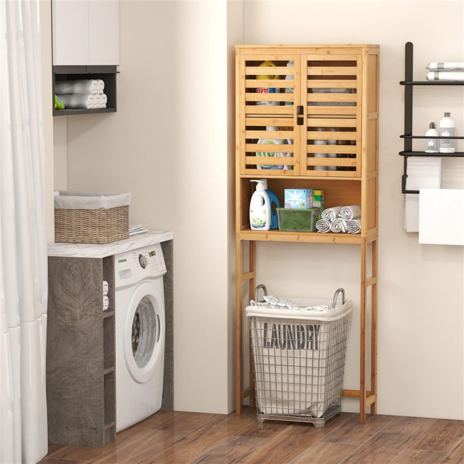 Demi Bonn Bamboo Over The Toilet Storage Cabinet, Tall Bathroom Cabinet Organizer with Cupboard and Adjustable Shelves for Laundry Room, Balcony, Natural
