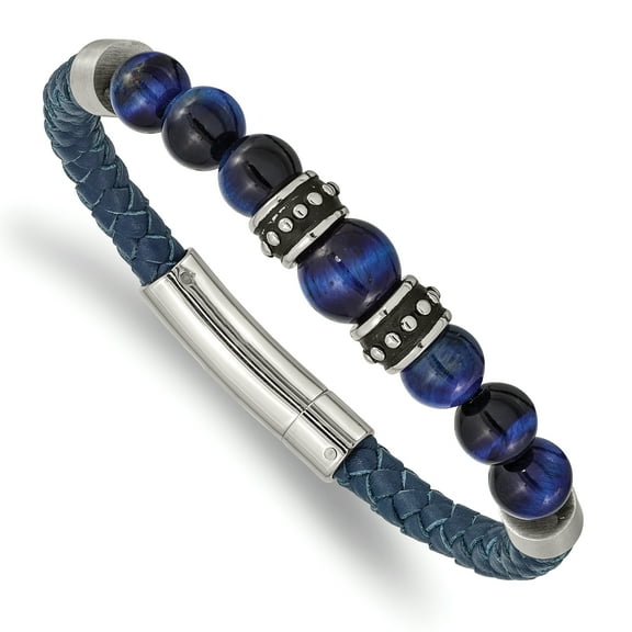 Primal Steel Stainless Steel Antiqued and Polished Blue Tiger's Eye Leather Bracelet
