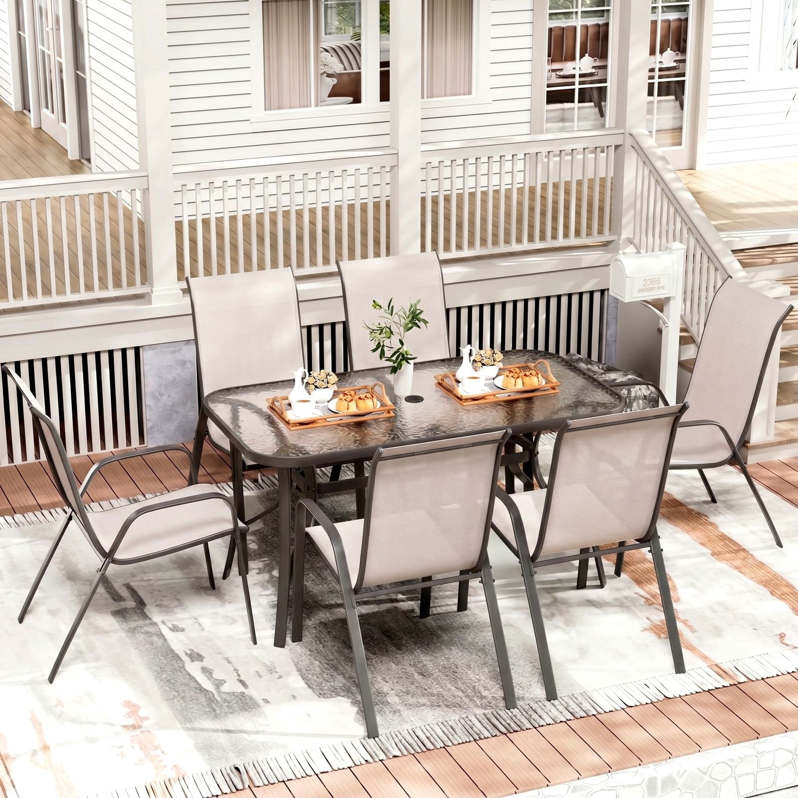 Pirecart 7pcs Patio Dining Set, Outdoor Dining Table with Umbrella Hole & 6 Stackable Textilene Fabric Dining Chairs, All Weather Patio Furniture Set, Beige