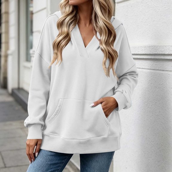 Xdegoge Women's V Neck Hoodie Pullover Sweatshirts Long Sleeve Casual Hooded Tops with Pocket Fall Winter Loose Fit Comfy Trendy Athletic Clothes