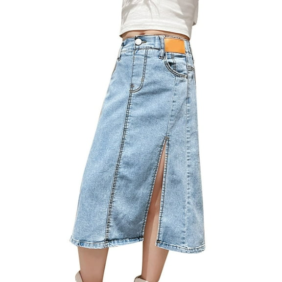 KAUOD Side Split Mid Length Denim Skirts for Girls Vintage Loose High Waist Streetwear A-Line Classic Retro Casual Bottoms