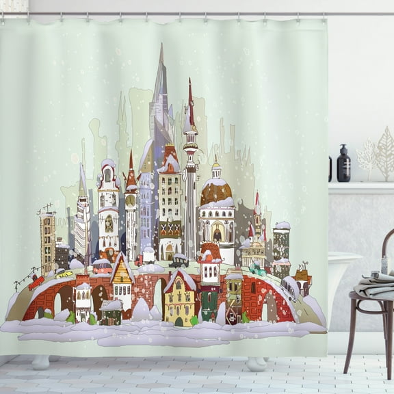 Ambesonne Christmas Shower Curtain, Xmas City Holiday, 69"Wx84"L, Pale Green Lavender