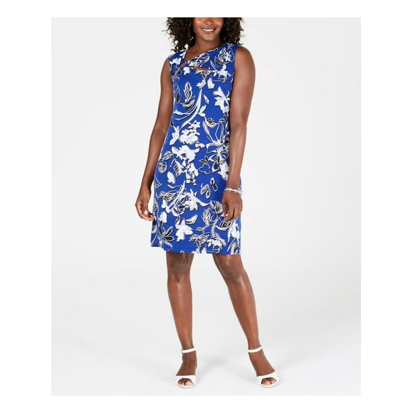 JM COLLECTION Womens Navy Keyhole Floral Sleeveless Asymmetrical Neckline Above The Knee Party Sheath Dress Petites PS