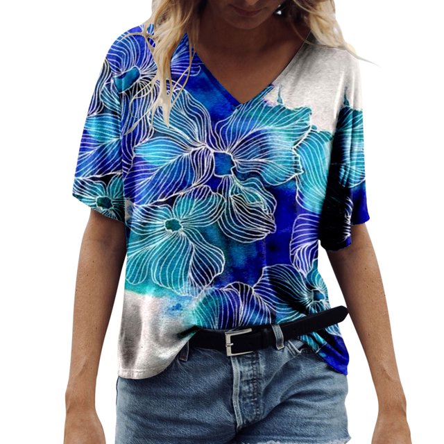 Gibobby Casual Playera de Manga Corta para Mujer Camiseta manga corta con estampado flores y cuello en V para mujer(Azul,XL)