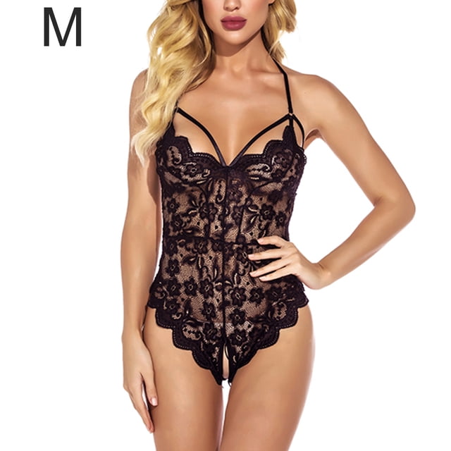 Body de encaje para mujer Ropa de dormir con correa sexy para mujer Lencería con cuello en V, M, Negro Eigraketly XX000063-06