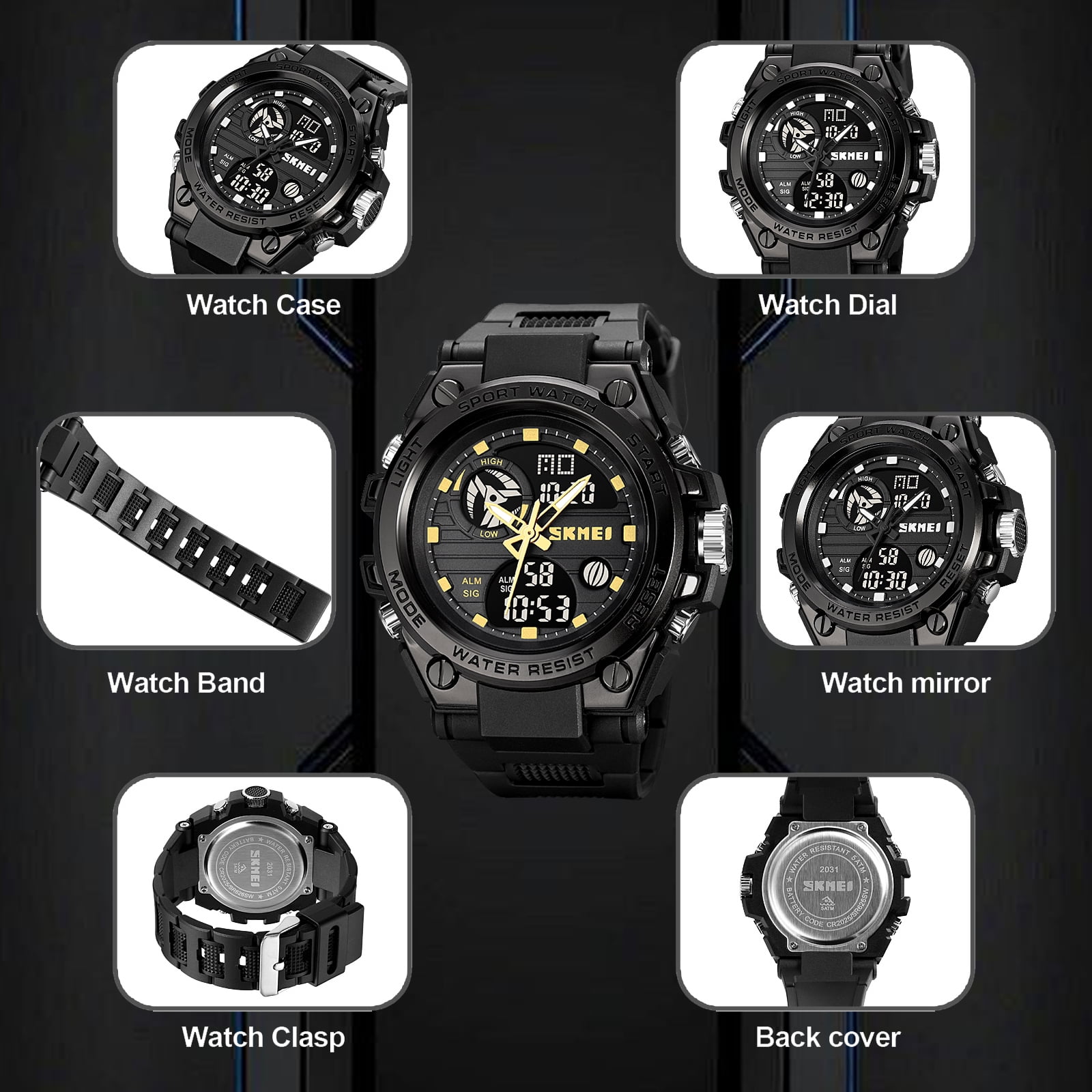 SKMEI Mens Digital Watch Sport Waterproof Watch Analog Military Tactical Watches LED Backlight Alarm Stopwatch Wrist Big Face Watches