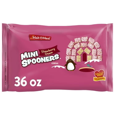 Malt-O-Meal Strawberry Cream Mini MMF7 Spooners Shredded Wheat Cereal, Frosted Strawberry Breakfast Cereal Squares, Large Cereal for Family, 36 OZ Resealable Cereal Bag
