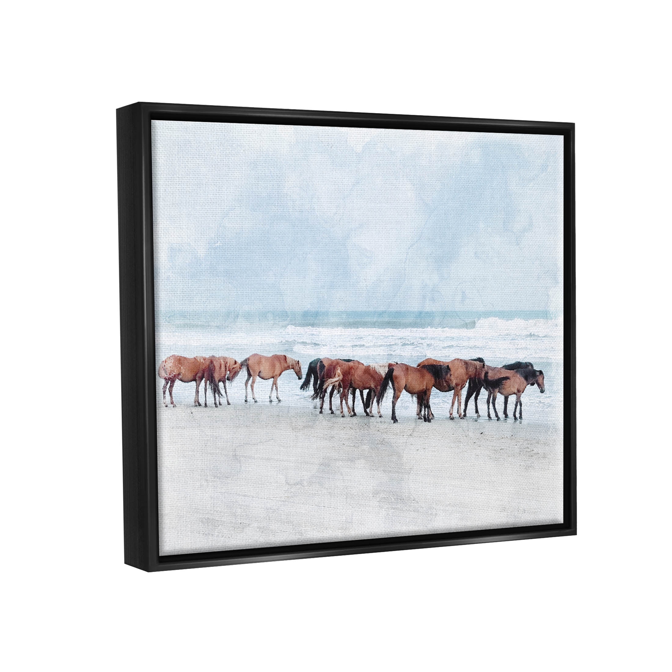 Horse Herd Grazing Beach Shore Animals & Insects Photograph Jet Black Framed Art Print Wall Art