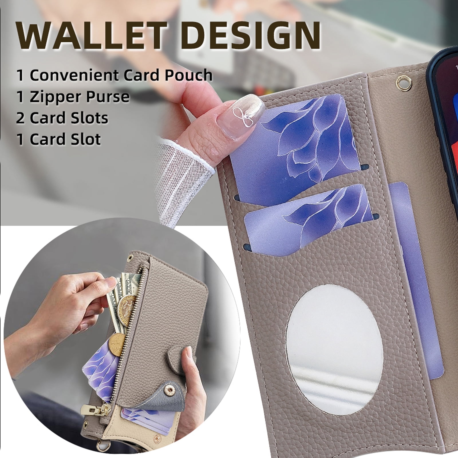 Women Girls Crossbody Strap Flip Wallet Zipper Phone Case Cover for iPhone 17 Pro Max, with Card Holder Kickstand Soft PU Leather Shoulder Chain Make-up Mirror for iPhone 17 Pro Max, Gray