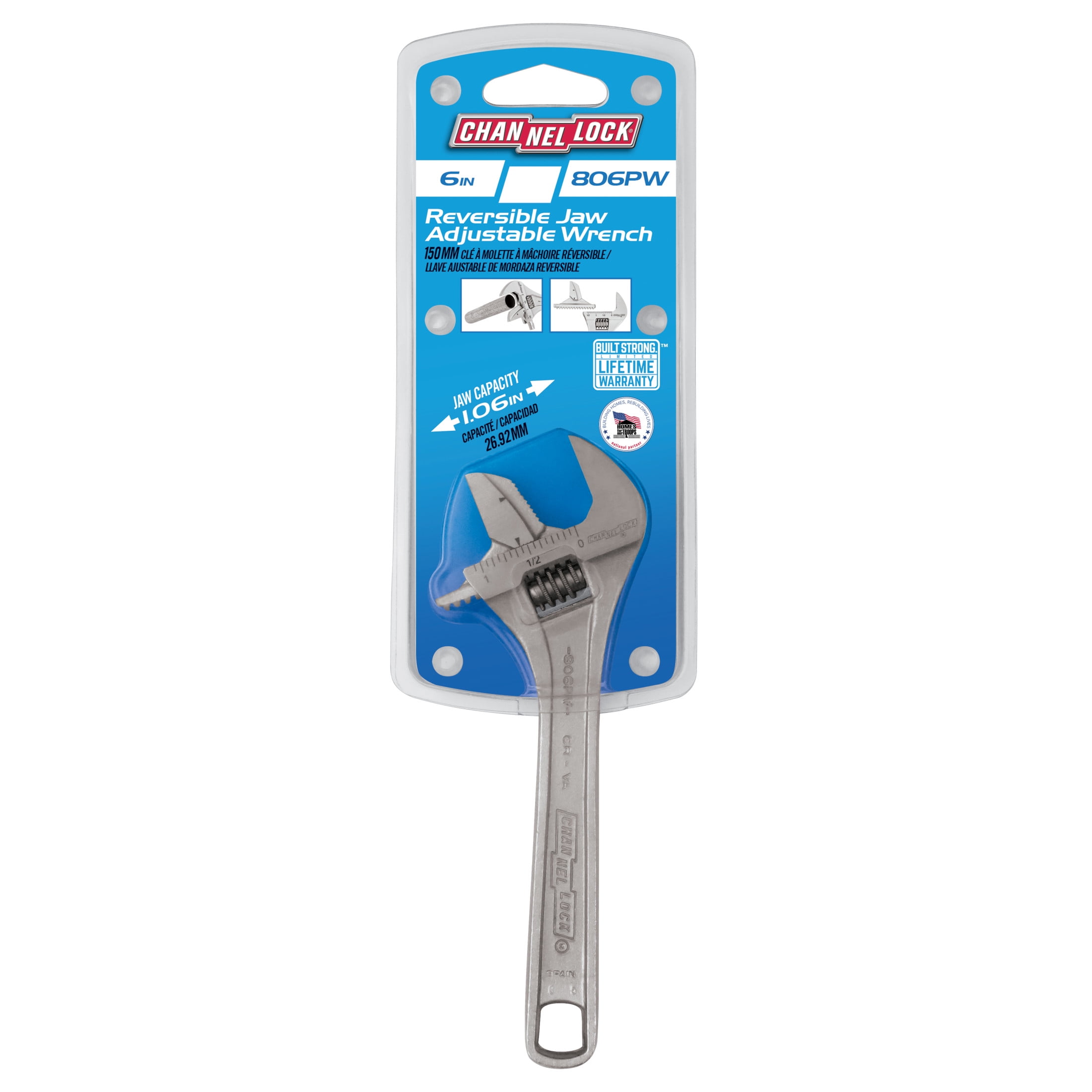 CHANNELLOCK 6-inch Reversible Jaw Adjustable Wrench, Precise 1.06-inch Wide Mouth Jaw Capacity (806PW)