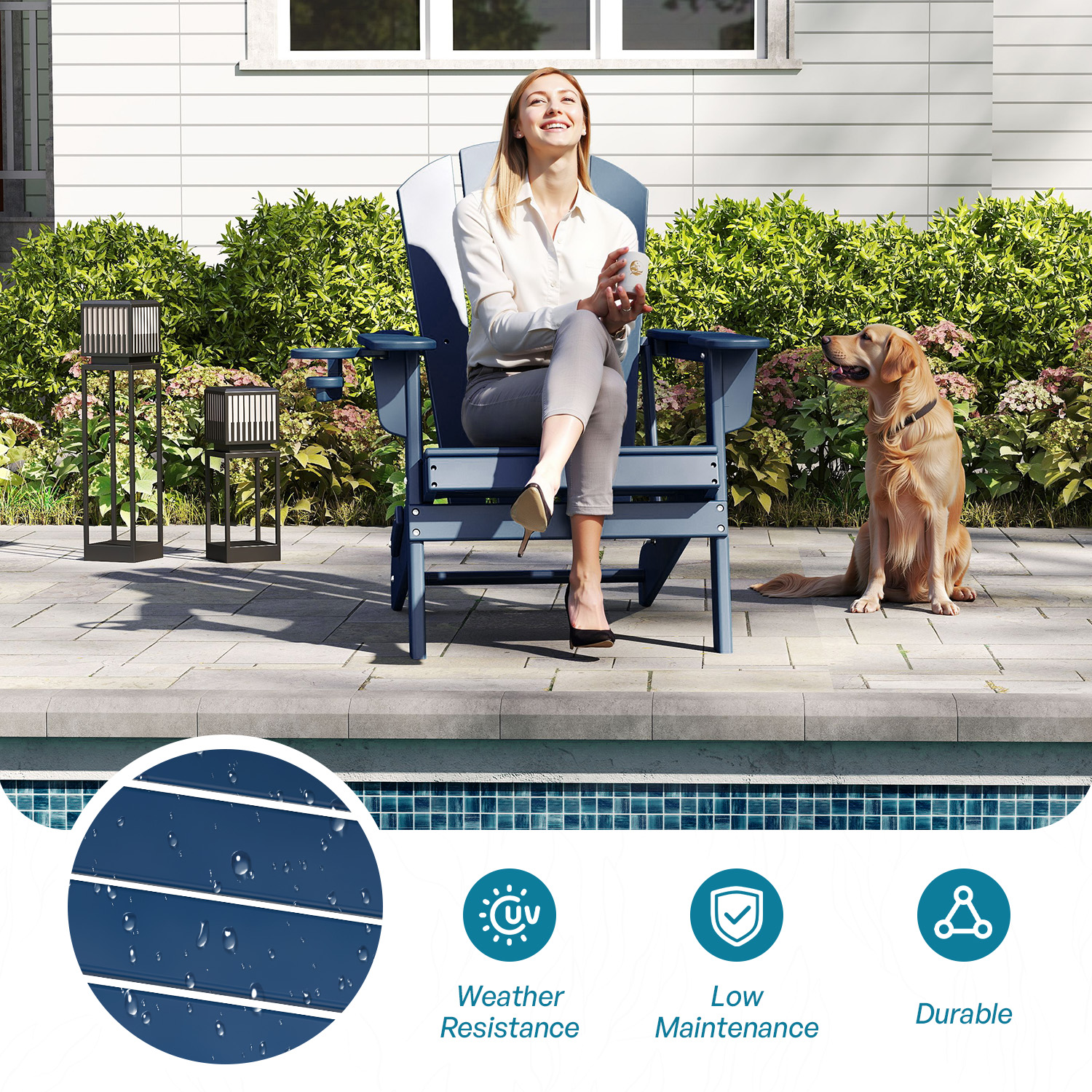 FURRYFECTION Folding Adirondack Chair Set of 2 with Cup Holder,All-Weather HDPE Outdoor Fir Pit Chairs for Patio Garden Backyard,Blue