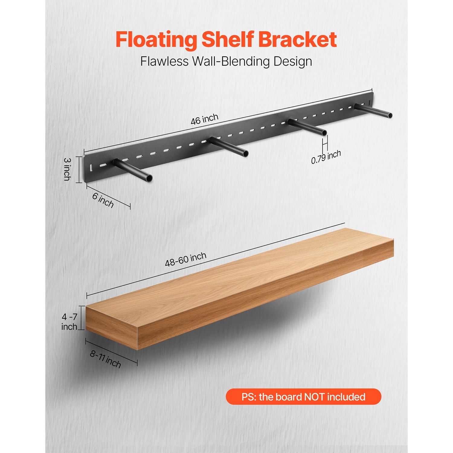 KFFKFF Floating Shelf Bracket 1 Pack, 230 lbs/104 kg Load Capacity, 46x6.2x3 inch / 1168.4x157.4x76.2 mm, Durable Hidden Shelf Support, Wall-Mounted Invisible Shelf Bracket