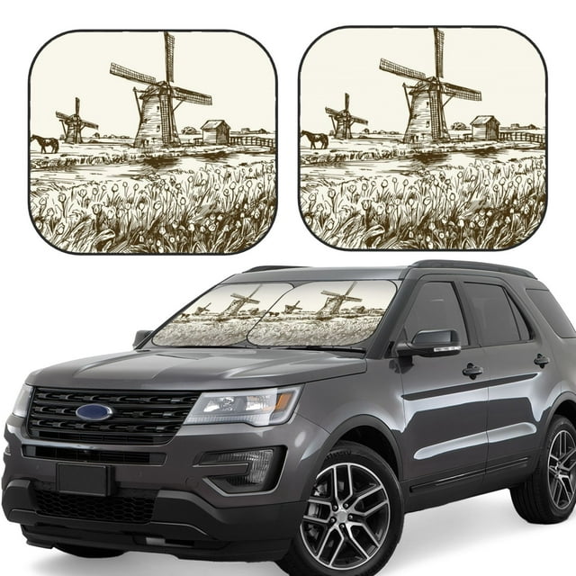 Cauagu Dutch Windmill Print Car Front Windshield Sun Shade,Foldable Anti-UV Car Sunshade for Front Window for Most Vehicles-Large