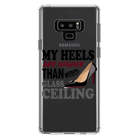 DistinctInk Clear Shockproof Hybrid Case for Samsung Galaxy Note 9 - TPU Bumper Acrylic Back Tempered Glass Screen Protector - My Heels Are Higher Than Your Glass Ceiling