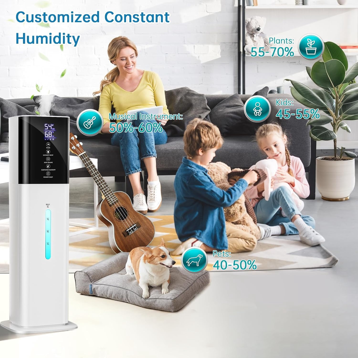 Humidifiers Large Room Bedroom with 7 Colors Light, 8L 2.1Gal Quiet Ultrasonic Cool Mist Topfill Humidifier with 3 Speed Humidistat Essential Oil Tray for Baby Home Plant Yoga Sleep