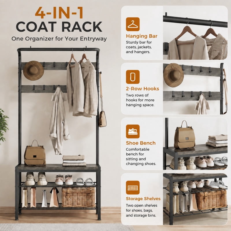 BEAUTYPEAK 5-in-1 Hall Tree 72"x28" Entryway Coat Rack with Shoe Bench Hanging Rod 10 Movable Hooks and 2-Tier Shoe Storage, Wood Gray