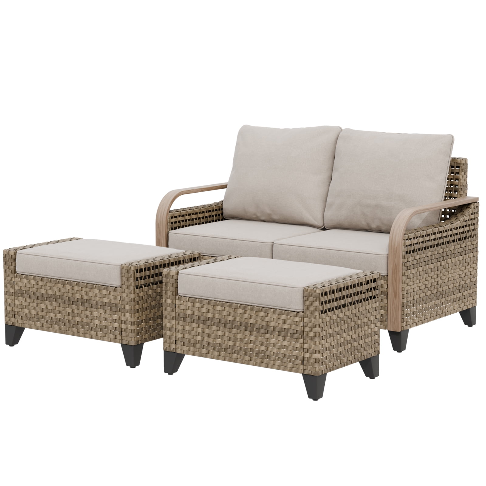 EAGLE PEAK 3 Piece Wicker Outdoor Patio Furniture Set, Patio Set with 2 Seat Loveseat Sofa, and 2 Ottomans, Brown/Beige