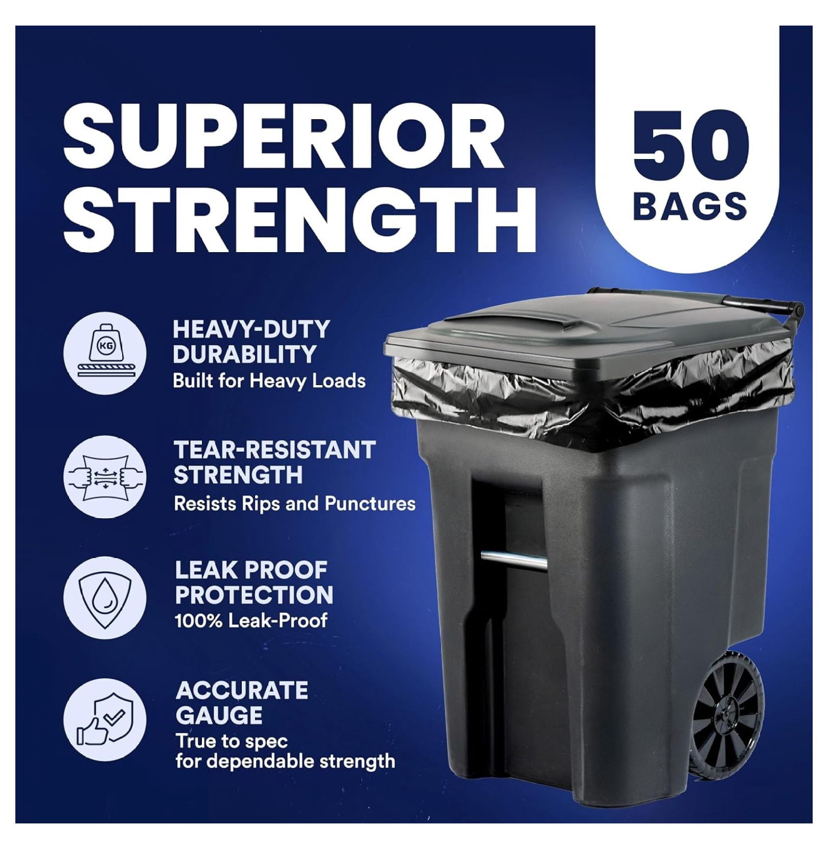 95-96 Gallon Trash Bags Heavy Duty - 50 Count - Puncture Resistant Garbage Bags for Rollaway Cans & Drums - Durable Large Plastic Bags