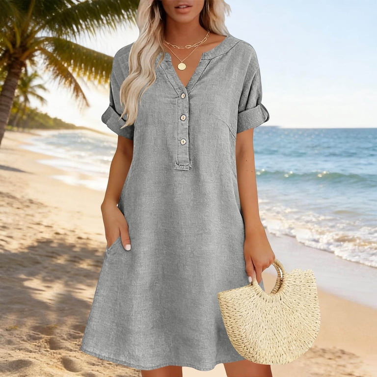 cocktail dresses pastel asdoklhq Dress Plus Size Dress Ladies Casual V-Neck Linen Pockets Dress Short Sleeve Dress Gray 3X Lt Blue Pastel Blue Cocktail Dresses -