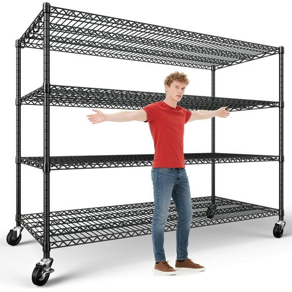 Prilinex 76"H Storage Shelves 2800LBS Garage Shelving Unit with Wheels 4 Tier Adjustable Metal Shelves Garage Shelving Heavy Duty Organizer Rack for Pantry Kitchen, 60"W X 24"D X 76"H