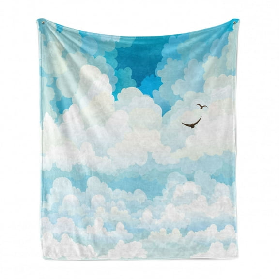 Cloud Soft Flannel Fleece Throw Blanket, Group of Cumulus Clouds on a Blue Sky and Silhouette of Birds, Cozy Plush for Indoor and Outdoor Use, 50" x 60", Azure Blue Baby Blue, by Ambesonne