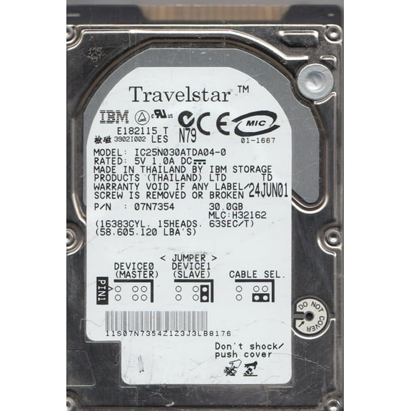 IC25N030ATDA04-0, PN 07N7354, MLC H32162, IBM 30GB IDE 2.5 Hard Drive