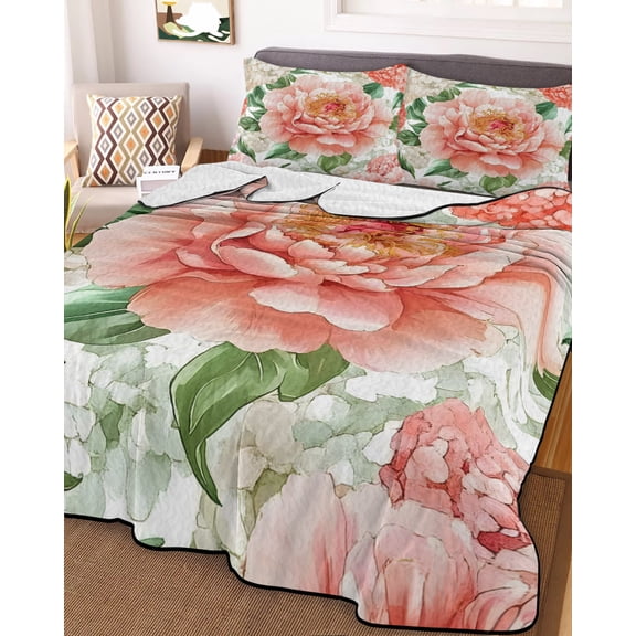 Pink Peony Blossom King Size Down Alternative Comforter, Lightweight Comforter Quilt Bedding Set with Pillow Shams Spring Botanical Floral Watercolor All Seasons Bed Comforter Duvet Insert 96"x106"