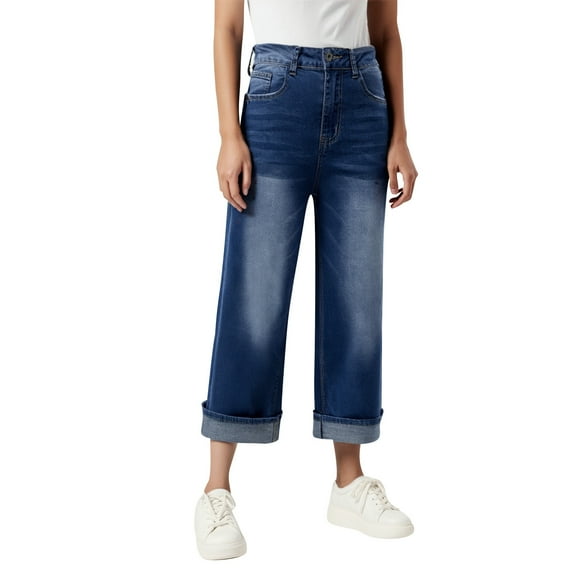 Women's Baggy Wide Leg Boyfriend Jeans, Straight Leg, Stretchy Denim, Loose Fit, High Rise, Lightweight, Roll Cuffed, Suitable for All Seasons, Sizes S XXL