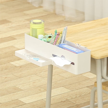 Violete Desk Organizer Storage Rack | White Plastic Multi-Compartment Book Stand with Side Drawer Stable Triangular Structure Rounded Edges Functional Partition for Office Supplies Pens
