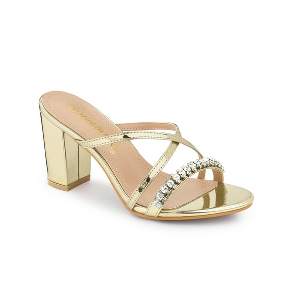 Unique Bargains Women's Crisscross Strap Rhinestone Block Heel Slide Sandals Gold (Size 6.5)